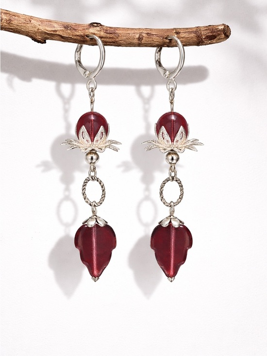 Hand Crafted Jewelry - Aubergine Glass Dangle Earrings • Translucent Plum • Silver Floral Boho